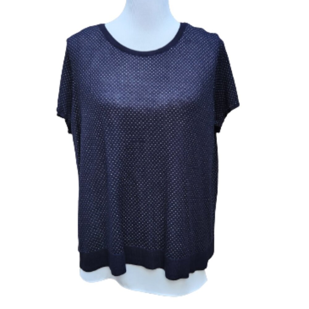 Ann Taylor Black Polka-Dot Knit Blouse Layered Slit Back 390775 Short Sleeves